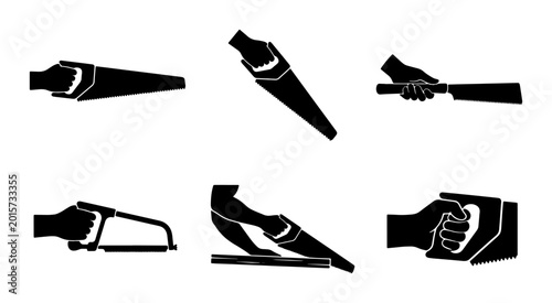 Schilderij op canvas Set of Six Black Silhouette Icons Depicting Hands Holding and Using Various Saws