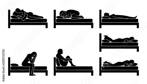 Tableau sur toile Diverse Sleeping Positions and Bedtime Moods, Vector Icons Set: Rest, Insomnia,