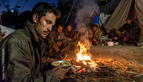 Group Sharing Meal by Campfire at Night