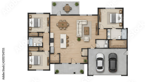 A modern minimalist house plan featuring 3 bedrooms, 2 bathrooms, an open-concept kitchen, a spacious living area, outdoor patios, and a functional two-car garage layout