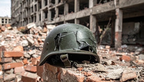 Damaged Military Helmet Lying on Bricks Amidst Ruins