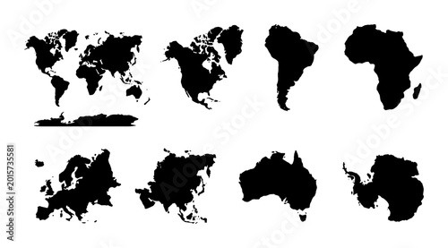World Map Continents Set, Global Geography Silhouettes, International Earth Regions Vector Collection, Geographic Shapes for Travel and Education