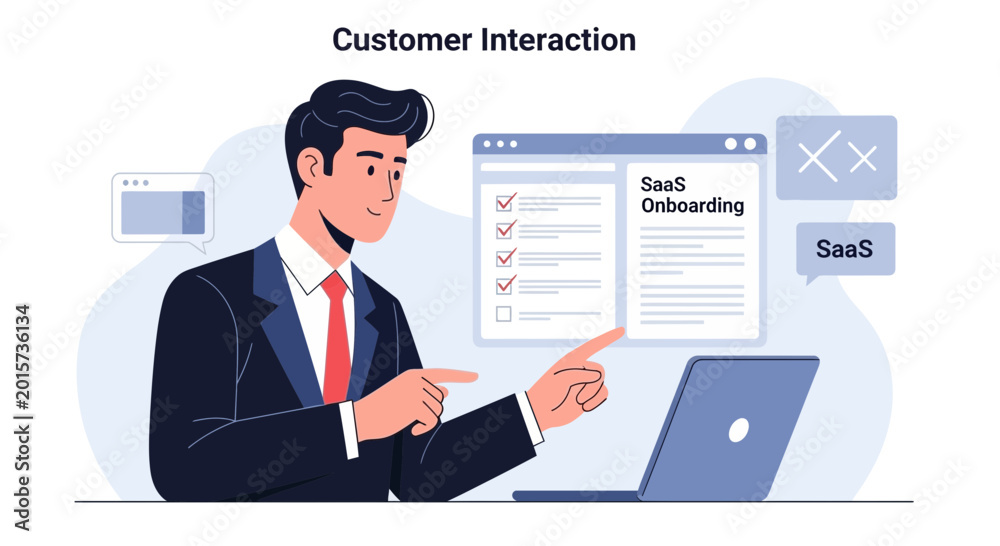Fototapeta premium SaaS Onboarding: Customer Interaction with Laptop and Checklist