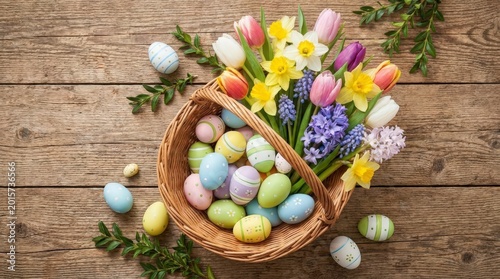 Easter basket with painted eggs and spring flowers