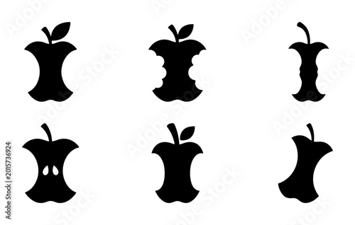 Six Black Apple Core Icons, Vector Set, Healthy Food Remnants, Fruit Waste Symbols, Graphic Elements for Design