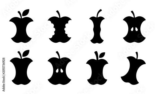 Foto Apple Core Silhouettes, Set of 8 Vector Icons, Fruit Waste Remnants, Healthy Foo