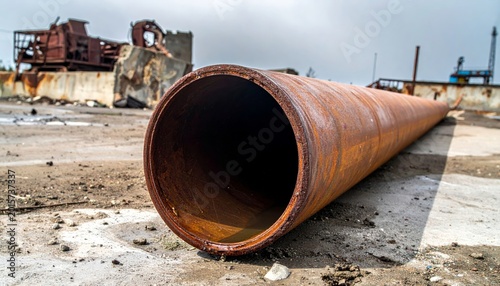 Rusty industrial pipe lies on damp earth outdoors