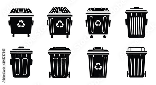 Black vector trash cans with recycling symbols isolated on white