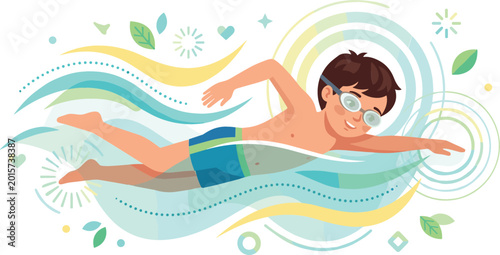 Fotografi Young boy swimming freestyle in pool with abstract colorful waves for summer sports and fitness activities