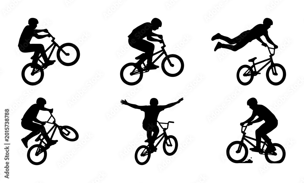 Obraz premium BMX Bicycle Rider Silhouettes, Extreme Sports Action, Dynamic Freestyle Cycling Poses, Vector Set for Sports and Adventure Graphics