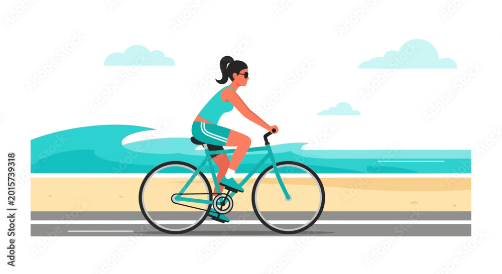 Fototapeta premium Woman cycling on beach road with ocean waves and clouds