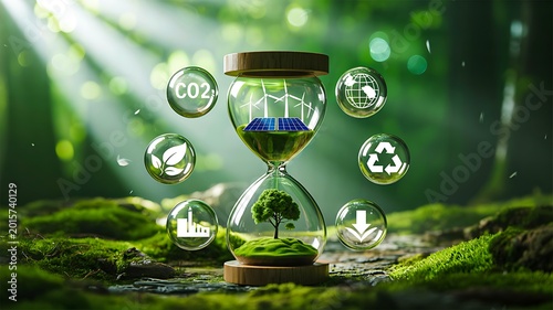 Sustainable environment concept with hourglass and renewable energy symbols in forest