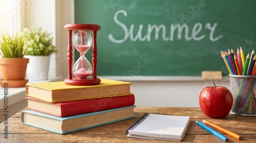 Red Hourglass on Stacked Books with an Apple and Colored Pencils on a Teacher's Desk, Showing 'Summer' Written on a Classroom Chalkboard