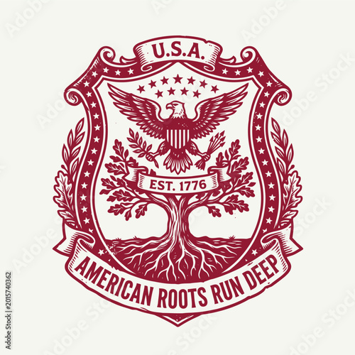 Vintage american roots emblem with eagle and tree design illustration