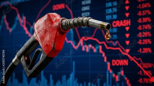 Red Gas Pump Nozzle Dripping Golden Oil Against a Defocused Financial Chart Showing Downward Trends and Falling Market Prices