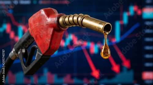 Red Gas Pump Nozzle Dripping Golden Oil Against a Defocused Financial Chart Showing Downward Trends and Falling Market Prices