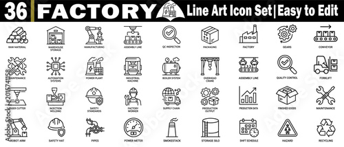 Schilderij op canvas Factory line art icons, industrial symbols, manufacturing elements