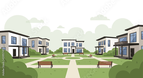 Modern Residential Courtyard with Contemporary Houses and Greenery