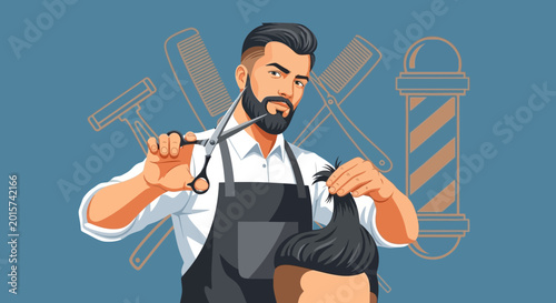 Barber Cutting Hair with Scissors, Vintage Barber Pole & Tools Background
