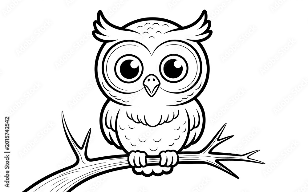 Fototapeta premium Cute Cartoon Owl Perched on a Branch Line Art bird
