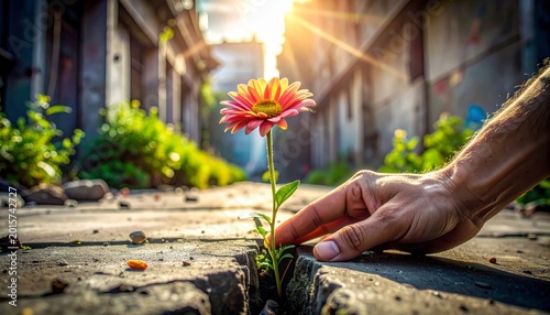 Hand Reaching for Blooming Flower Pushing Through Concrete