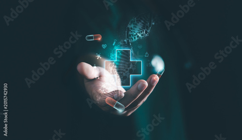 Concept of innovative medical technology and digital healthcare solutions. medical cross and DNA helix, healthcare icons. telemedicine, biotechnology, and advanced patient care in the modern age.