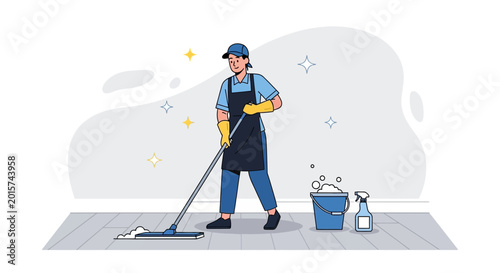 Person mopping floor with bucket and spray bottle, sparkling clean.