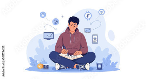 Young man learning about cryptocurrency and finance, sitting cross-legged with notebook