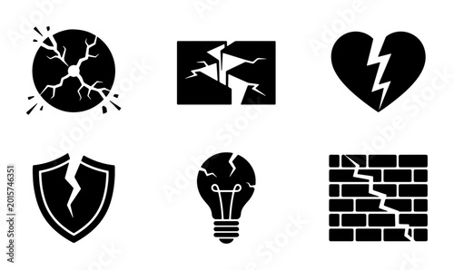 Photos Set of 6 Black Icons Representing Damage, Breakage, and Failure: Cracked Sphere,