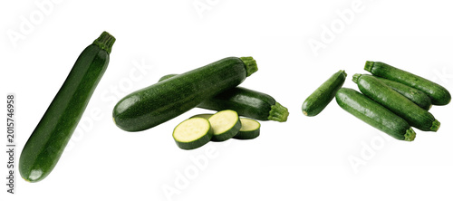 Set of green zucchini PNG vegetables, three whole and sliced courgettes isolated on white for farm market posters, recipe cards, garden seed packs and healthy food designs

