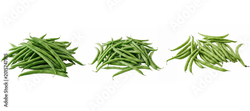 Set of green beans PNG piles, three heaps of fresh slender pods isolated on white for vegetable packaging, frozen food labels, diet menus, meal prep art and market branding

