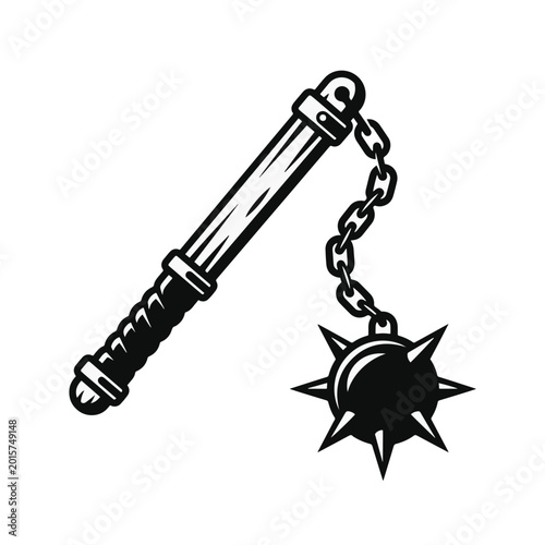 A black and white vector illustration depicting a medieval flail weapon, featuring a spiked mace head attached by a chain to a handle, isolated on a white background.
