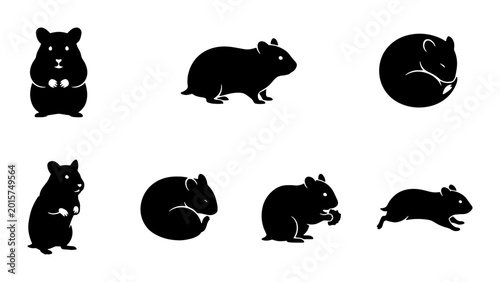 Tableau sur toile Black Hamster Silhouettes, Cute Rodent Poses Vector Set, Small Pet Icons for Des