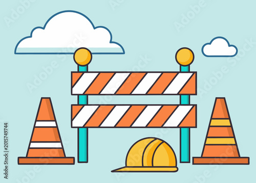 A vector illustration of a road safety setup with a striped construction barrier two orange traffic cones and a yellow hard hat on a blue backdrop.
