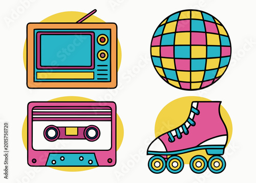 A collection of four eighties themed stickers featuring an orange vintage television a colorful disco ball a pink cassette tape and a roller skate.