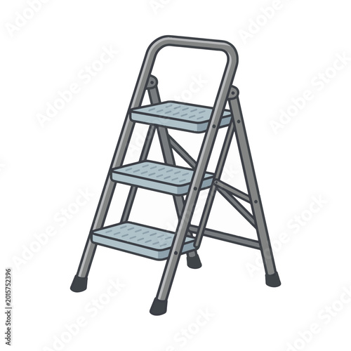 A simple, cartoon-style illustration of a gray, three-step stepladder with a silver frame and blue treads.