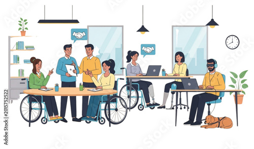 Foto Modern inclusive office collection with disabled professionals and accessibility