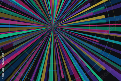 Abstract radial gradient background vector with vibrant multicolored lines radiating from a central point, creating a dynamic and energetic pattern.