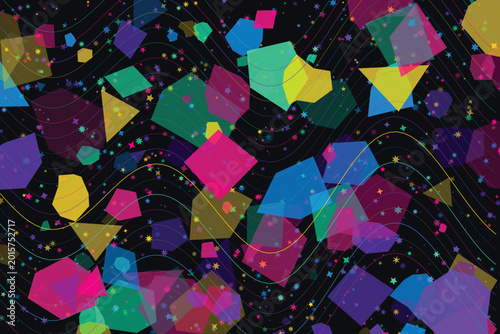 Abstract geometric background vector with vibrant polygons, star speckles, and dark cosmic theme, ideal for digital designs.