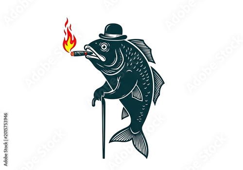Illustrated fish gentleman wearing bowler hat and smoking cigar