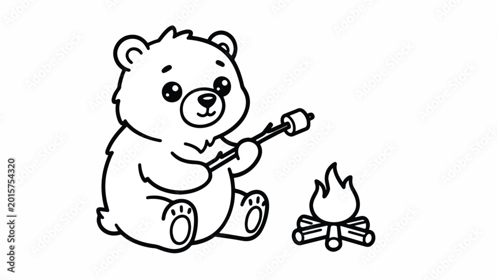 Fototapeta premium Cartoon bear sitting by campfire.