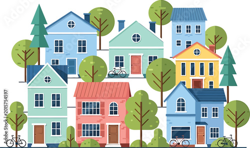 Colorful cartoon neighborhood with houses trees and bicycles in a small town suburban street scene vector illustration