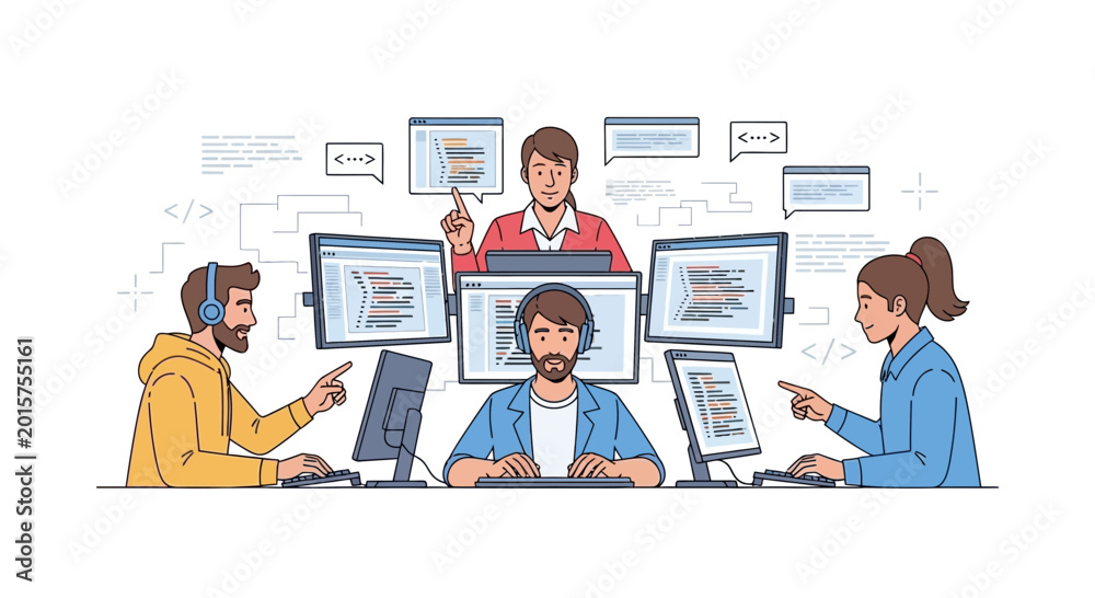 Fototapeta premium Team of coders collaborating at computers, digital communication, coding team