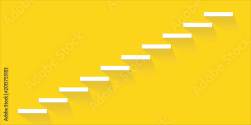 Minimalist illustration of white ascending steps with long shadows on a vibrant yellow background, symbolizing progress, growth, and a path to success.