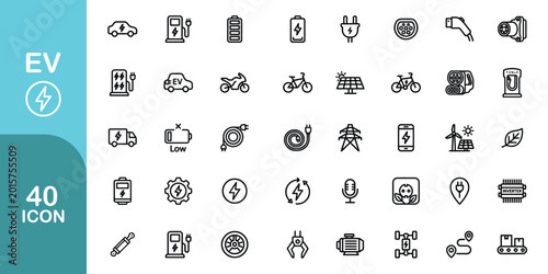 Electric vehicle charging infrastructure icon set 40 line icons for sustainable transportation. the icons are energy, pen. vector illustration.
