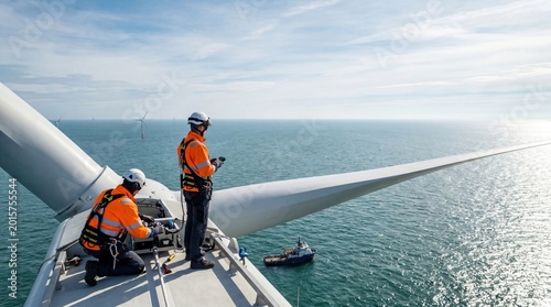 Male technician worker in safety gear protective equipment inspecting repairing maintaining checking operating on top of windmill turbine generator structure offshore wind farm