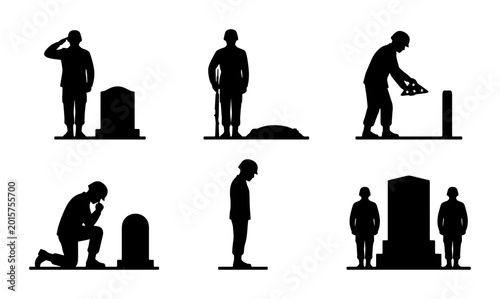 Tableau sur toile Military Remembrance Silhouettes: Soldier Saluting Gravestone, Mourning Fallen H
