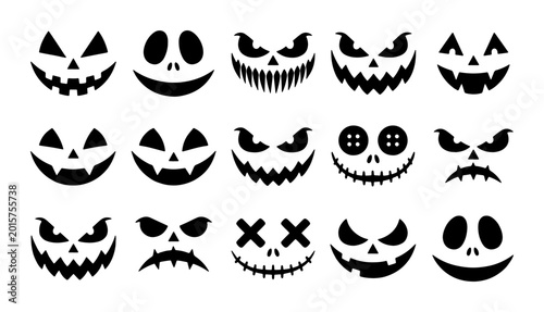 Bild auf Leinwand Spooky Halloween Jack-o'-lantern Faces Vector Set, Scary Pumpkin Carving Express