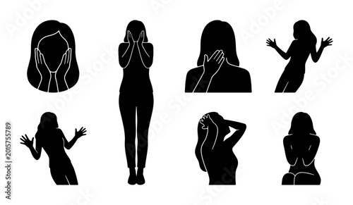 Quadro su tela Silhouette Set: Woman Expressing Emotions, Gestures of Distress, Sadness, and De