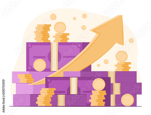 Stack of Cash Money Bundles and Coins with Growth Arrow for Savings and Financial Concept Illustration Clip Art